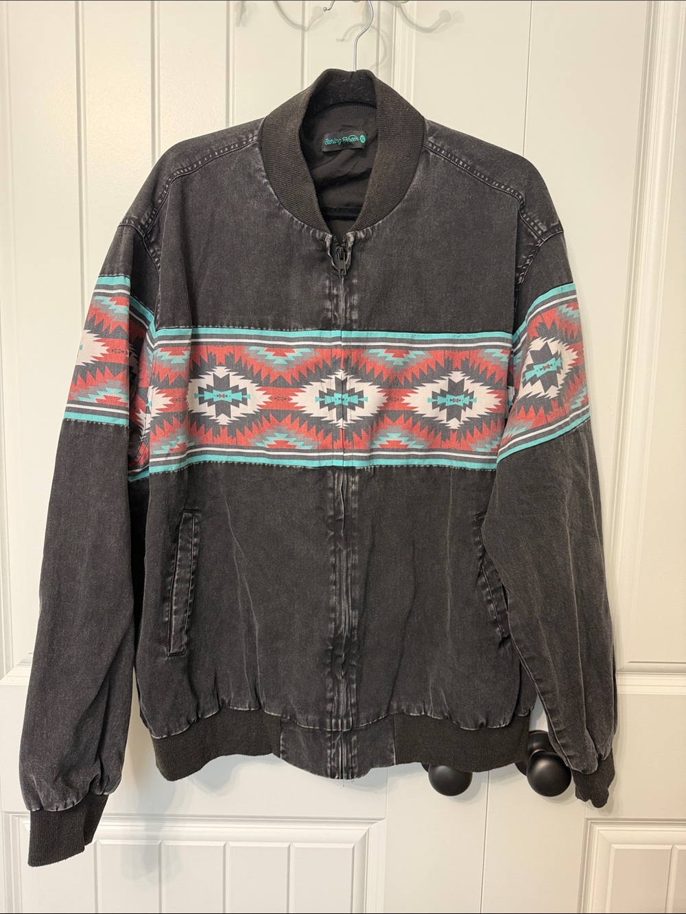 Vintage-Inspired Aztec Stripe Bomber Jacket - Black NWOT